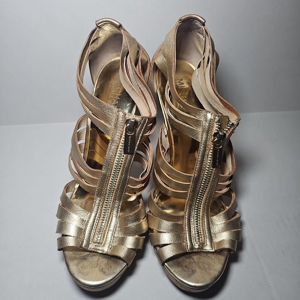Women's Michael Kors Vintage Gold Leather Gladiator Pumps Cork Platform 8 - Picture 2 of 6